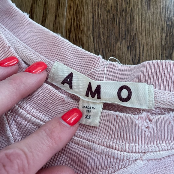 AMO Distressed Crewneck Cotton Cuffed Pink Sweatshirt - Picture 5 of 10